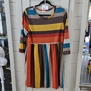 #86 EGS Striped Multicolor Midi Dress Sz Medium Ptp 20 Length 36.5